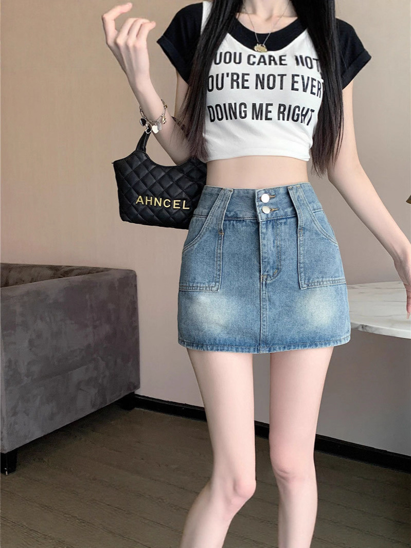 Hot Girl High-Waisted Retro Denim Skirt for Girls Summer Short Skirt for Small People Versatile Skirt Hip-Covering Skirt