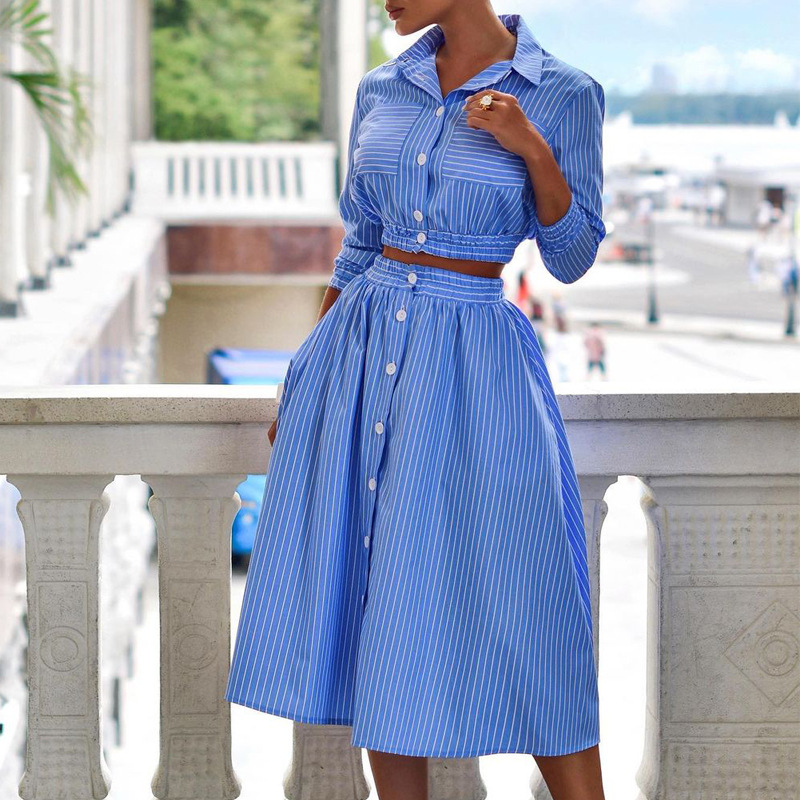 FD496 in stock 2025 spring new fashion temperament long sleeve striped shirt suit skirt two-piece set