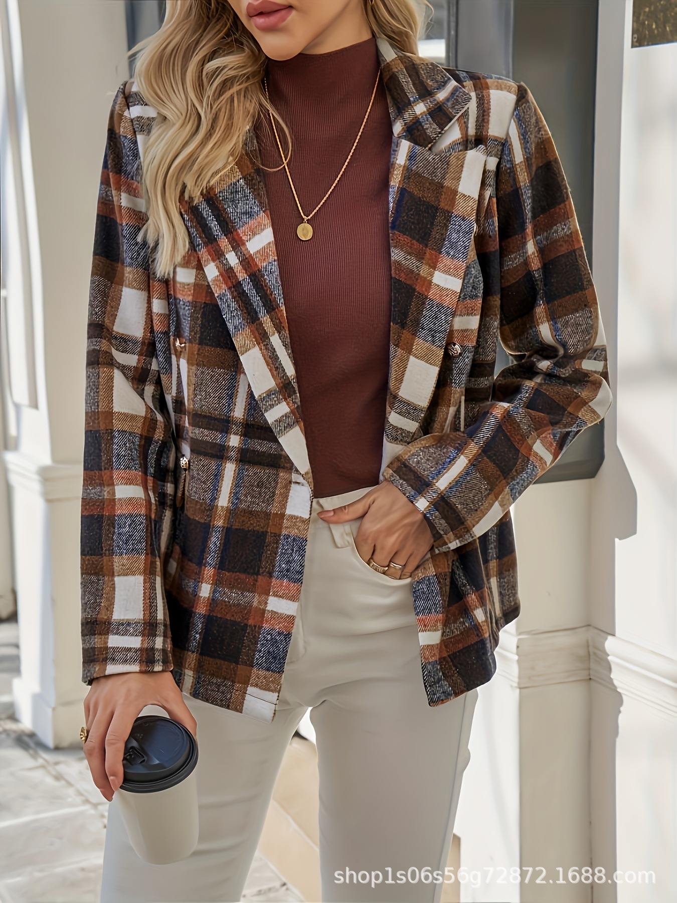 European Station Autumn New European and American British Style Plaid Lapel Women's Suit Casual Jacket