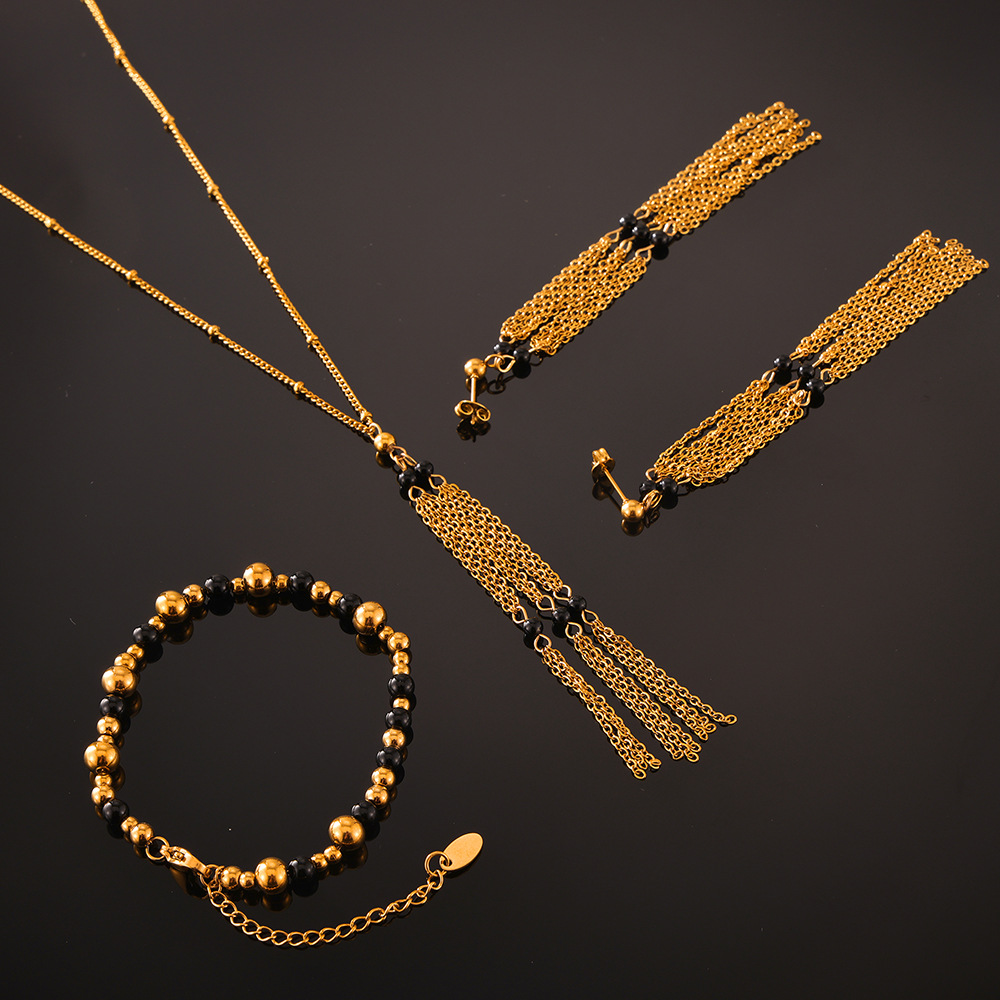 Vintage Niche Personality Jewelry Geometric Multi-layer Chain Stitching Agate Stone Beaded Design Titanium Steel Jewelry suit
