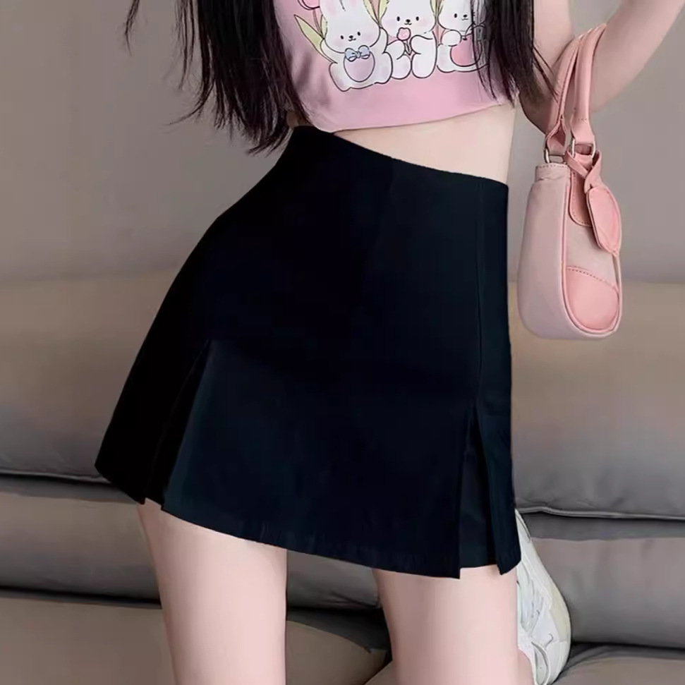 Split High Waist Skirt Women's 2024 Summer New Fashionable All-match Anti-running Skirt Black A- line Short Skirt