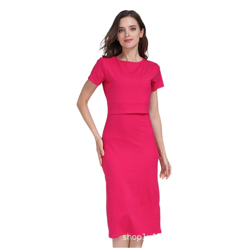 Picture of European and American Summer Fashion Short-sleeved Pregnant Women's dress Elastic Slim-fit Pure Cotton Out-going Postpartum Breastfeeding Skirt plus size Women's Clothing