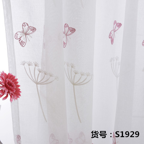 High-grade fabric window screen wholesale cotton and linen embroidered butterfly dandelion Cotton finished White pink living room bay window