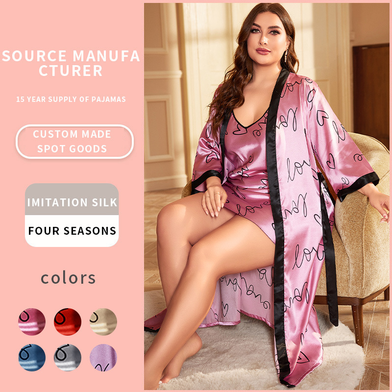 European and American plus size nightdress spring and summer shorts robe suit sexy fashion artificial silk pajamas Ice Silk home wear