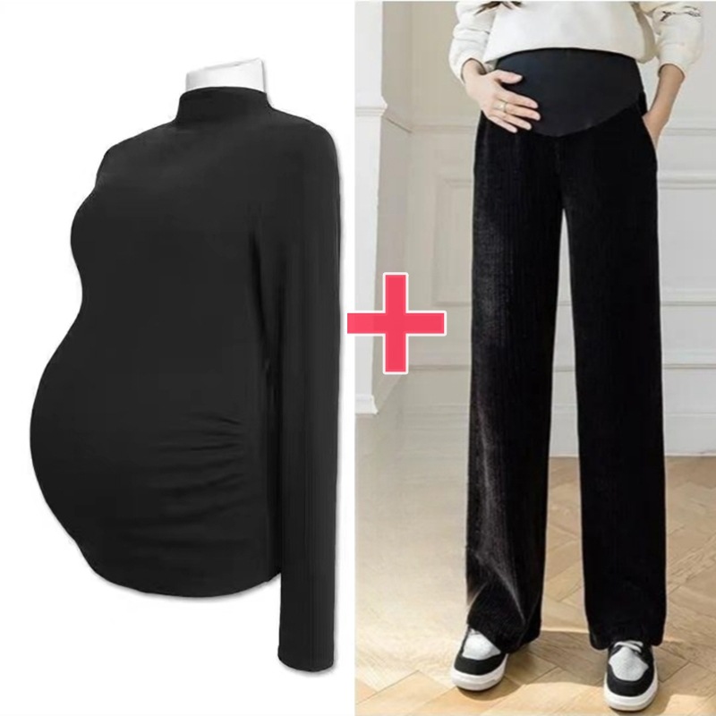 Picture of Pregnant women's clothing fashion spring autumn winter two-piece pregnant women adjustable abdominal pants solid color velvet warm bottoming shirt suit