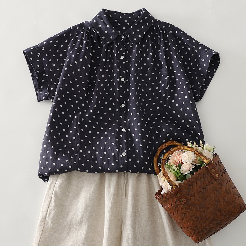 Real Shot of Ready-Made Casual Cotton and Linen Polka Dot Soft Breathable Thin Short-Sleeved Shirt Single-Breasted Pleated Flap Pocket Pants Shirt for Women