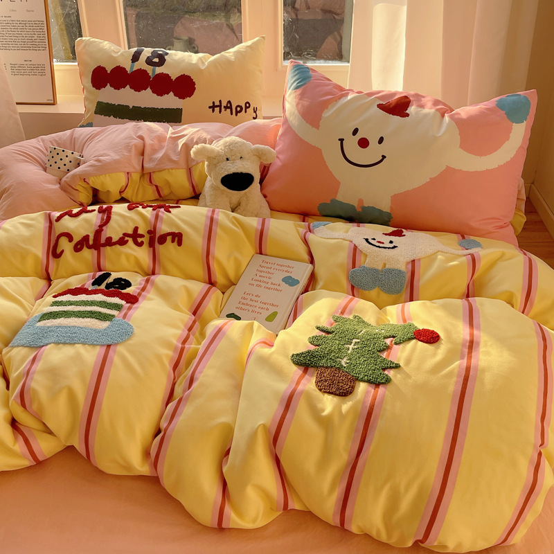 Bed four-piece set antibacterial bed sheet quilt cover water-washed cotton 4 dormitory three-piece set a class a mother and infant towel embroidered four-piece set