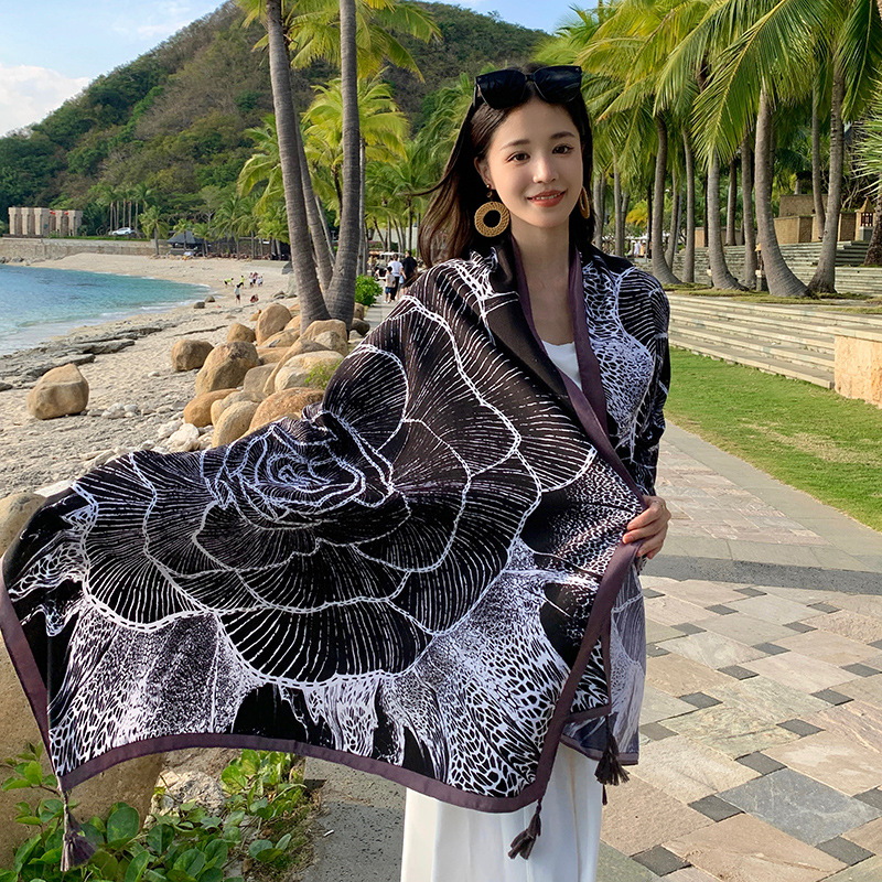 Picture of New black big flower fashion travel photo big shawl summer holiday sunscreen beach towel outside silk scarf
