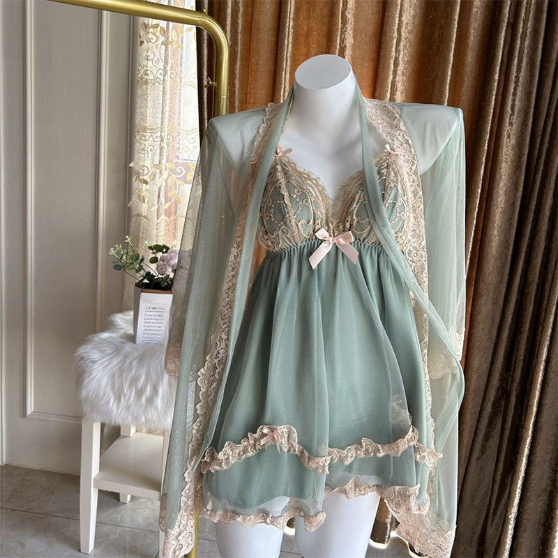 Douyin Plus Size Pajamas for Women with Breast Pads and Suspenders, French Sexy Pure Lust Lace Mesh Home Clothes