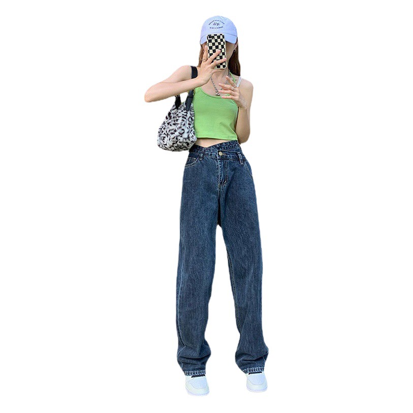 Inclined Buckle High Waist Jeans Women's Straight Loose Autumn and Winter Slimming Casual Irregular Design Wide Leg Long Pants