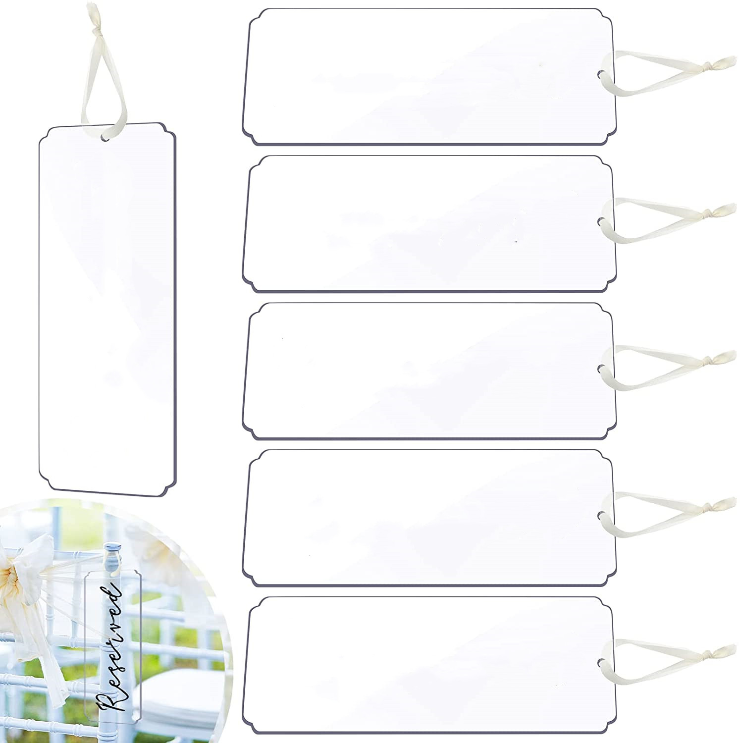 6 Pcs Blank Transparent Acrylic Wedding Chair Seat Sign DIY Hanging with Ribbon Important Event Reserved Logo