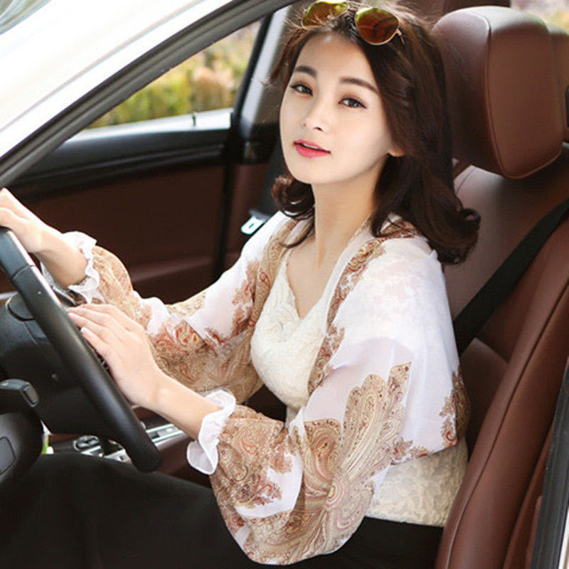 Stall Explosions Summer Sunscreen Small Shawl Women's Chiffon Printed Silk Scarf Long Sleeve Driving Bike UV Protection