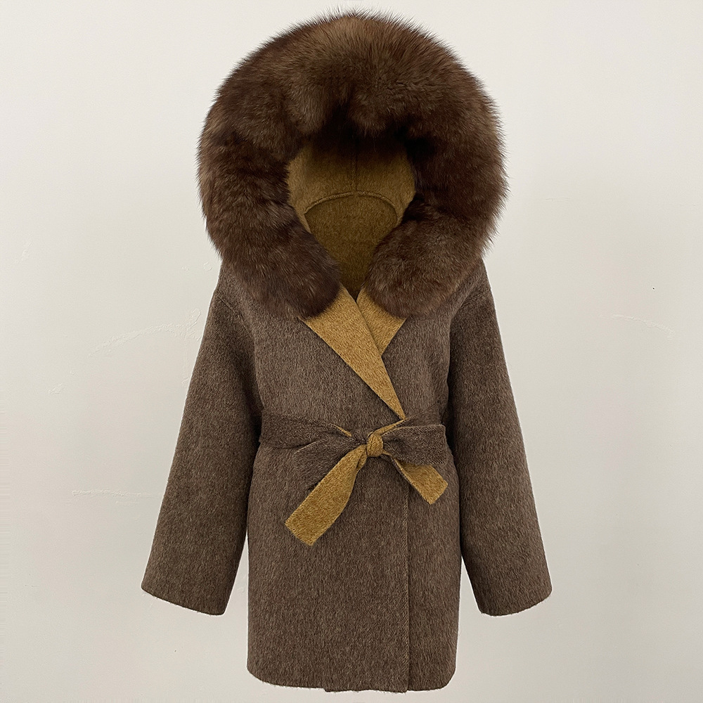 Picture of New Hooded Color-Blocked Fox Fur Collar Autumn and Winter Double-Sided Wool Outwear Women's Cloak Waist Thickeneded Woolen Outwear