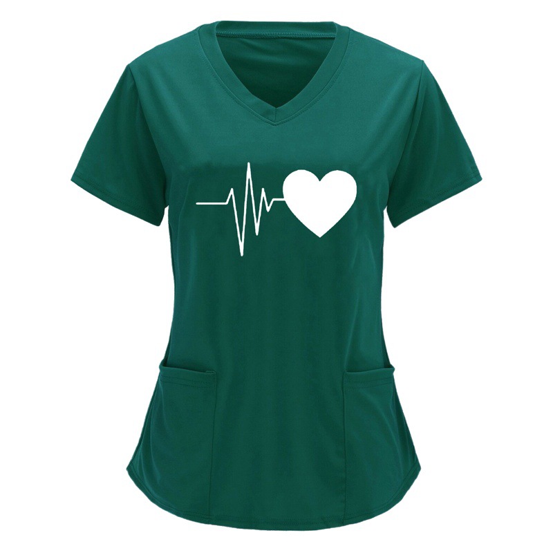 Cross-border European and American Nurse's Wear and Care Tooling V-neck Double Pocket Heartbeat Love Printed Shirt Short-sleeved T-shirt plus size