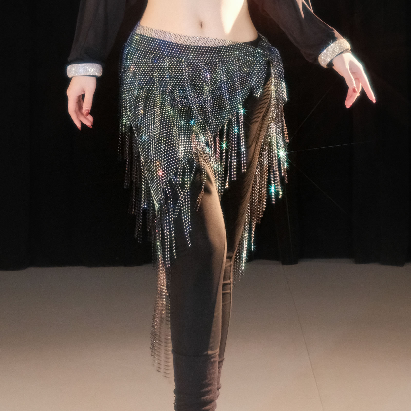 Picture of Dancer Handmade Flash Diamond Hip Towel Belly Dance Tassel Waist Chain Multi-layer Hot Diamond Dance Accessories Fart Curtain Y1028