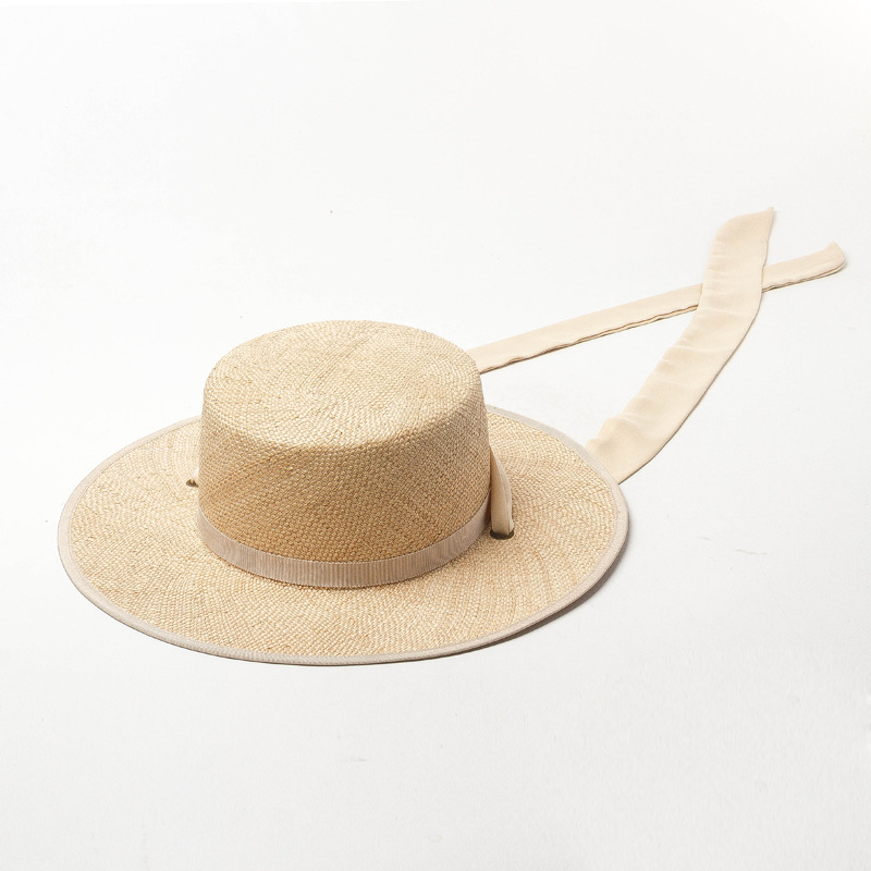 Picture of Korean Style Spring and Summer New Flat Top Straw Hat with Strap Baocao Outdoor Travel Sun Protection Beach Flat Top Straw Hat