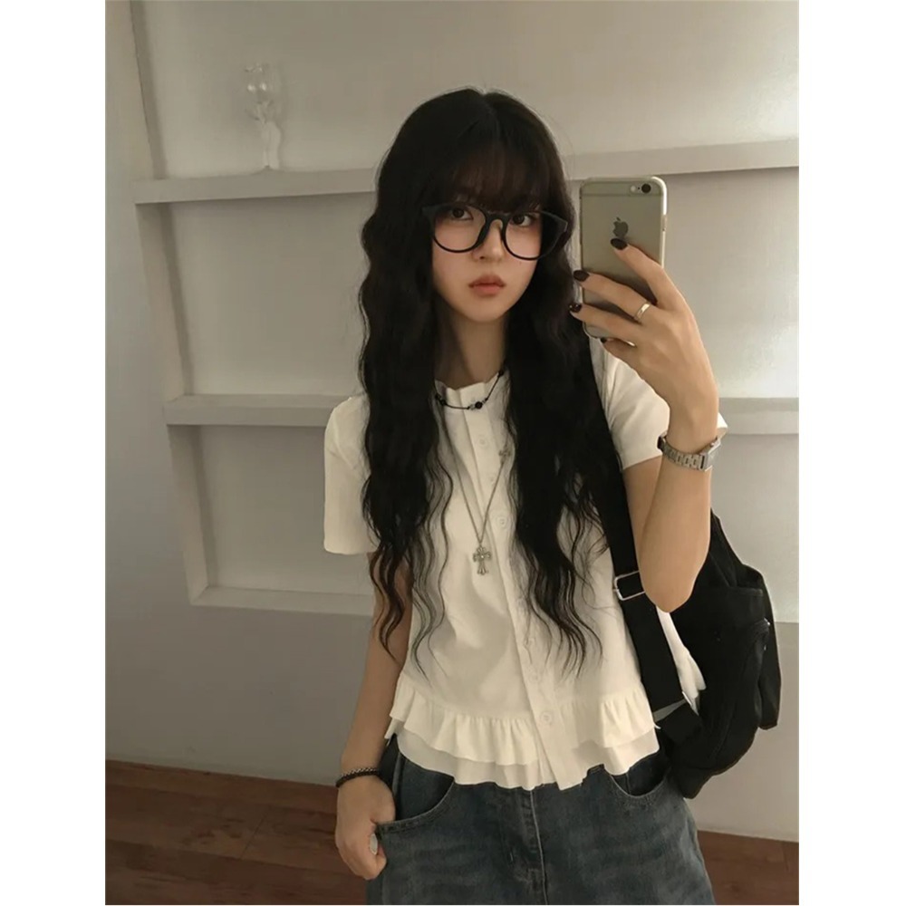 Shimei Ruffled Splicing Round Neck Short-Sleeved T-Shirt Women's Summer Age-Reducing Single-Breasted Slimming Look White Top