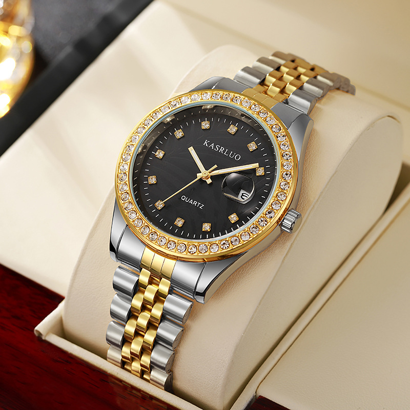 Picture of Watch for Men with Diamond Inlay, Couple's Steel Band, Calendar, Student, Adult, Fully Automatic Quartz Watch, Metal Scale, Large Dial