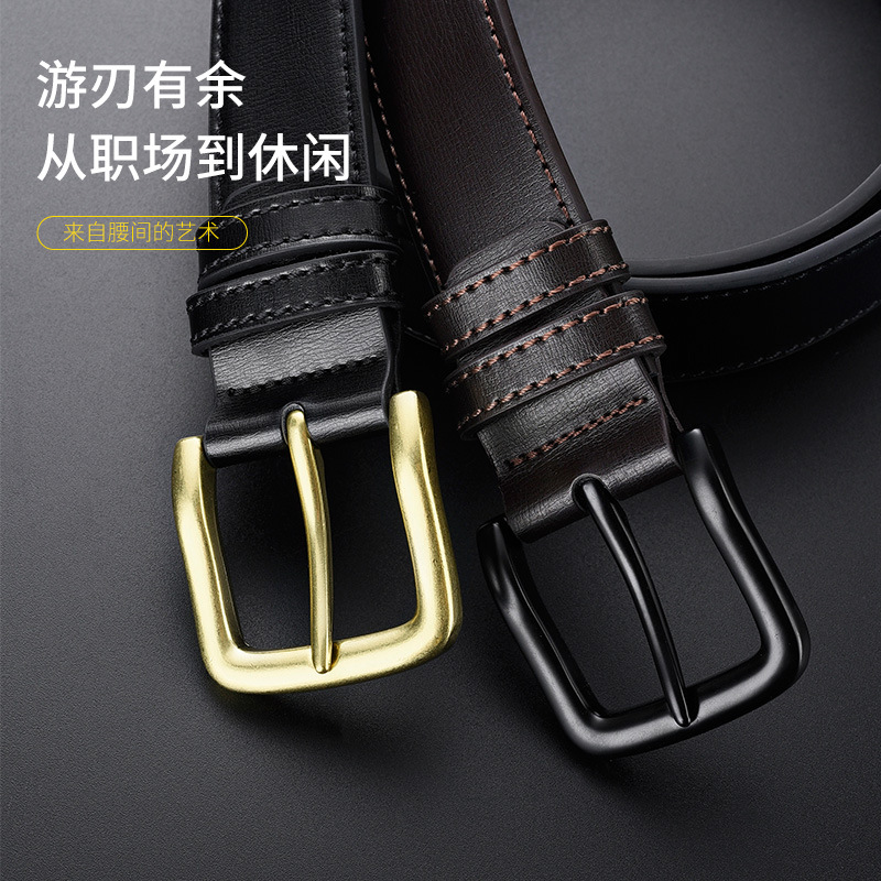 Picture of Men's Casual Belt Solid Zinc Alloy Buckle Two-Layer Cowhide Belt Pin Buckle Gold Buckle Retro Classic Style