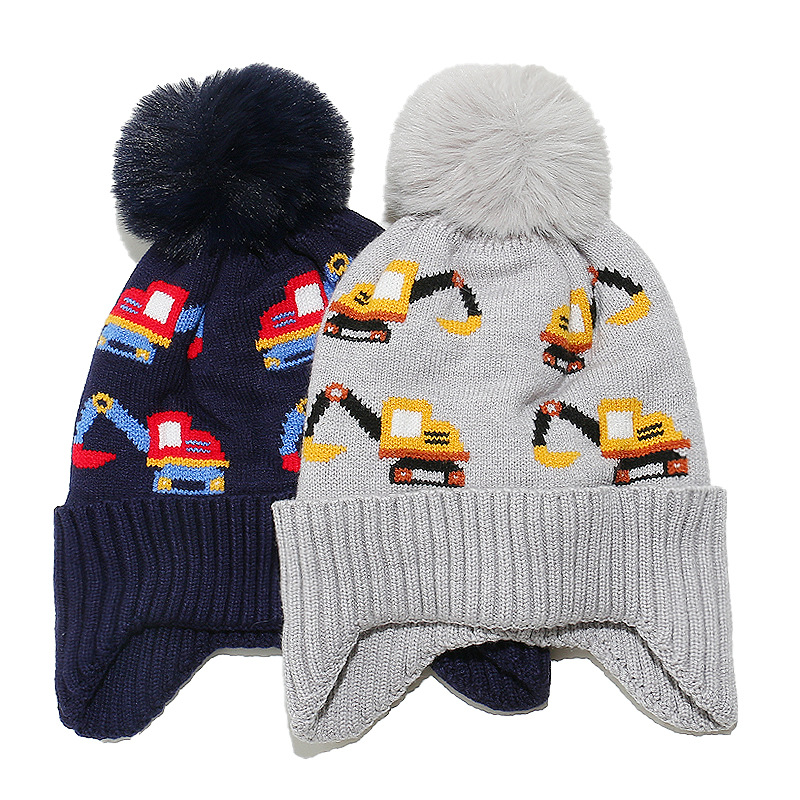 2025 Autumn and Winter New Knitted Hat for Children, Cute Ear Protection, Fleece-Lined Warm Hat, Excavator Jacquard Knitted Hat for Boys in Winter