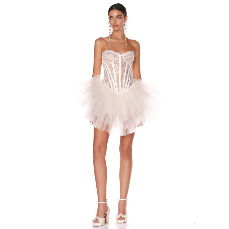 New Cross-border Luxury High-end Tube Top Sticker Wearing Fishbone Dress European and American Style Hem Mesh Bubble dress