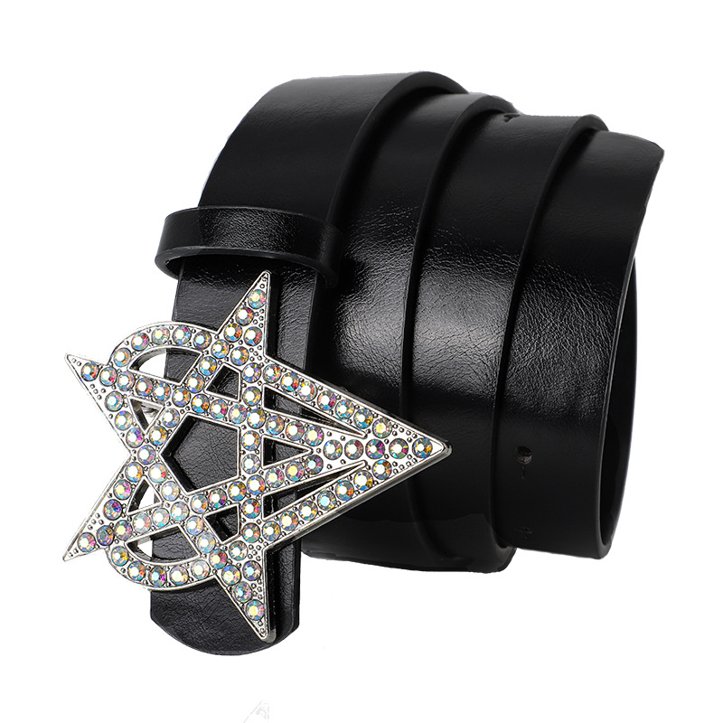 Hot Girl Millennial Subculture High-End Imitation Leather Retro Alloy Buckle Color Diamond Rhinestone High-End Five-Pointed Star Heart Belt