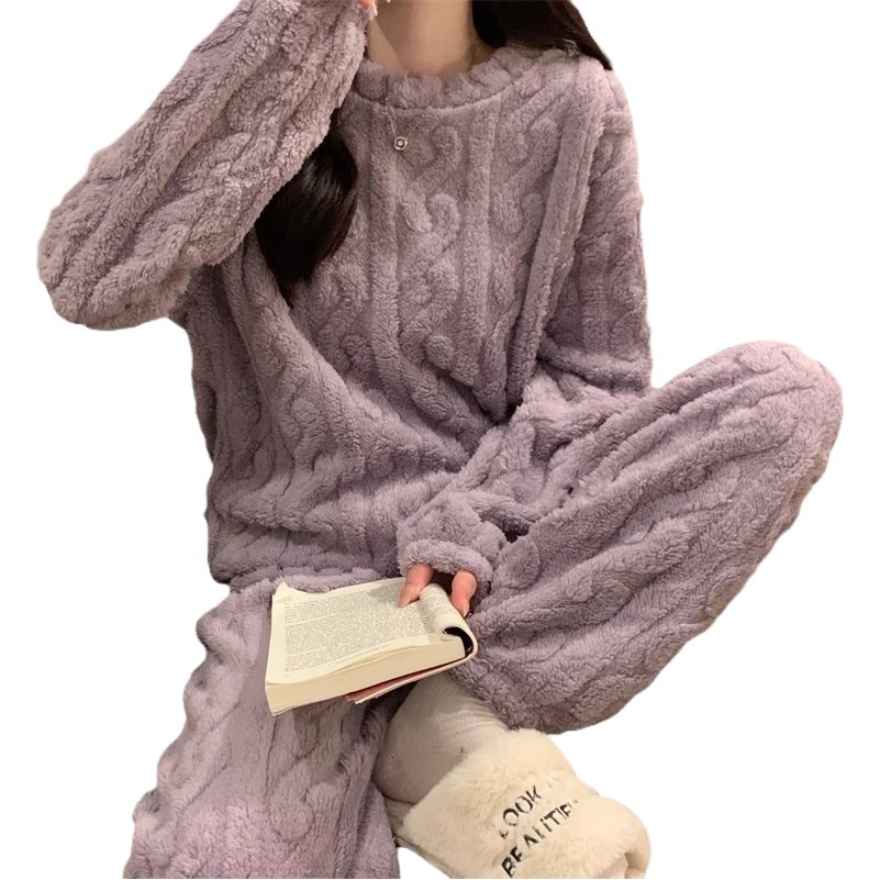 New Fashion Coral Fleece Jacquard suit Pajamas Autumn and Winter fleece-lined Thickened Internet Celebrous Girl Couple Casual suit