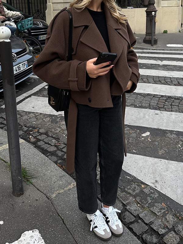 European and American Cross-border 2024 Autumn and Winter Women's Woolen Coat Distinctive Street Suit Collar Lace Long Sleeve Jacket Coat Women
