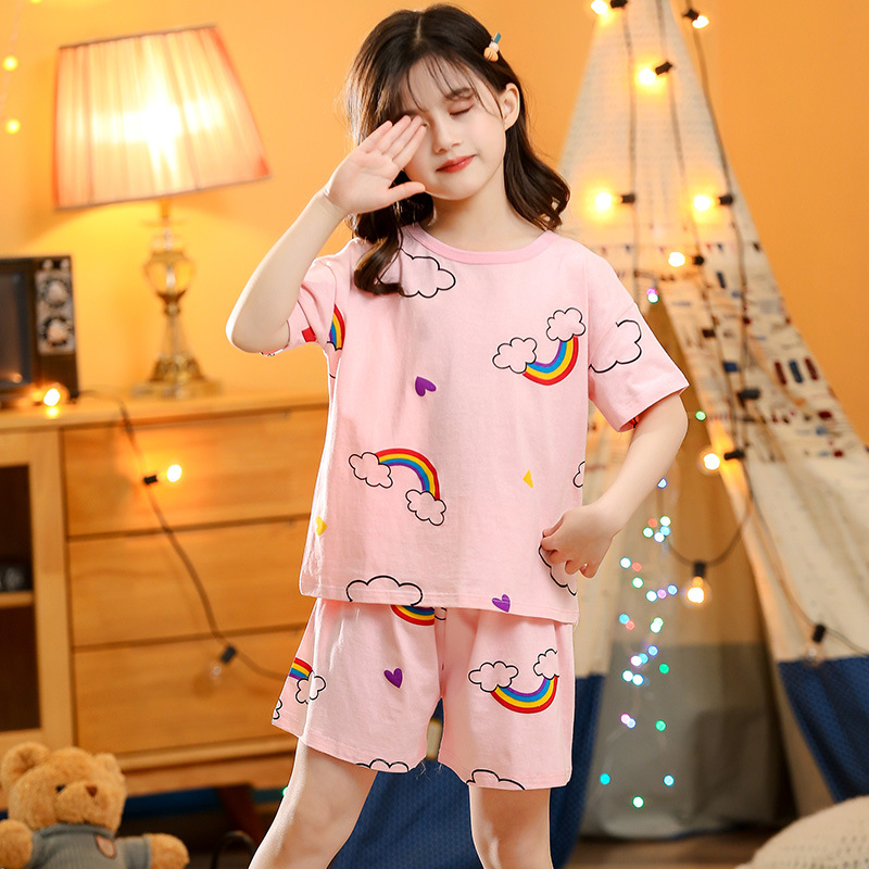 Picture of 2024 New Kidsren's Summer Short-Sleeved Suit Home Clothes Pajamas Pure Cotton Thin Air-Conditioned Clothes Princess Girls Baby