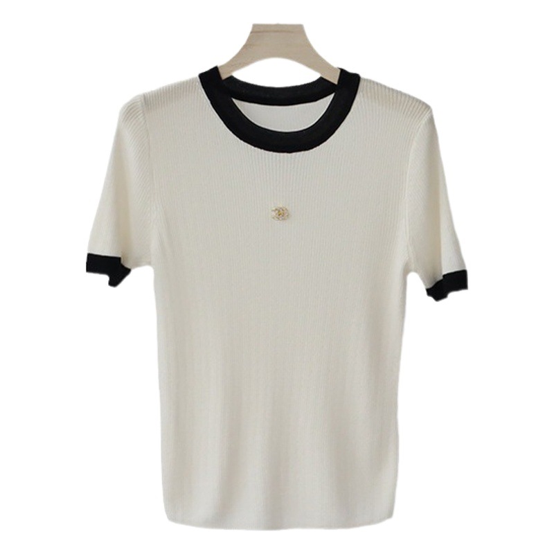 Lyocell Tencel High-grade Contrast Color Crewneck Sweater Long-sleeved Short-sleeved T Slim-fit Pullover Thin Sweet Summer