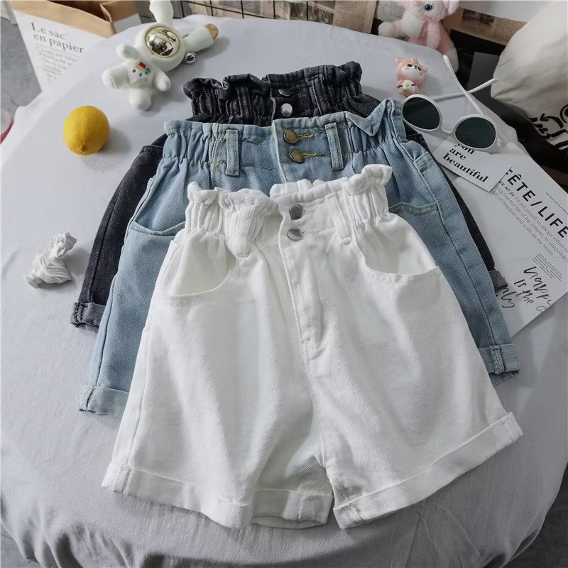 Plus size elastic waist curling Denim shorts women's summer new Korean style loose slimming A- line chubby girl wide leg hot pants