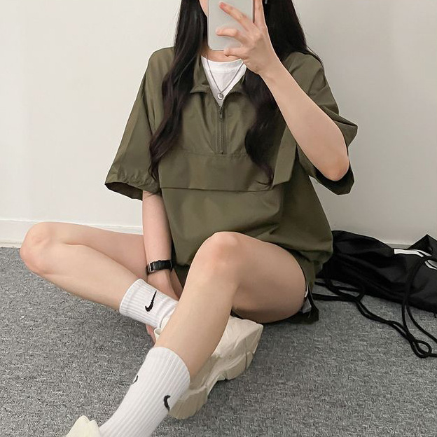 Suit Women's High Neck Zipper Short Sleeve Shorts Women's Two-Piece Suit Summer Fashion Casual Sportswear Loose Couple