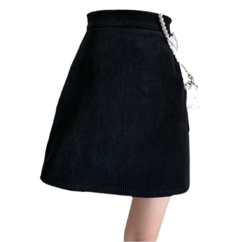 2023 autumn and winter corduroy skirt black short skirt high waist Korean style small A- line skirt slim hip skirt