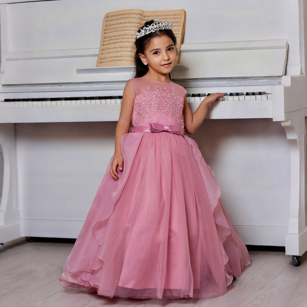 Foreign Trade Europe and the United States New Girls' Dress Embroidered Flower Evening Dress Mesh Tail Skirt Piano Performance Dress