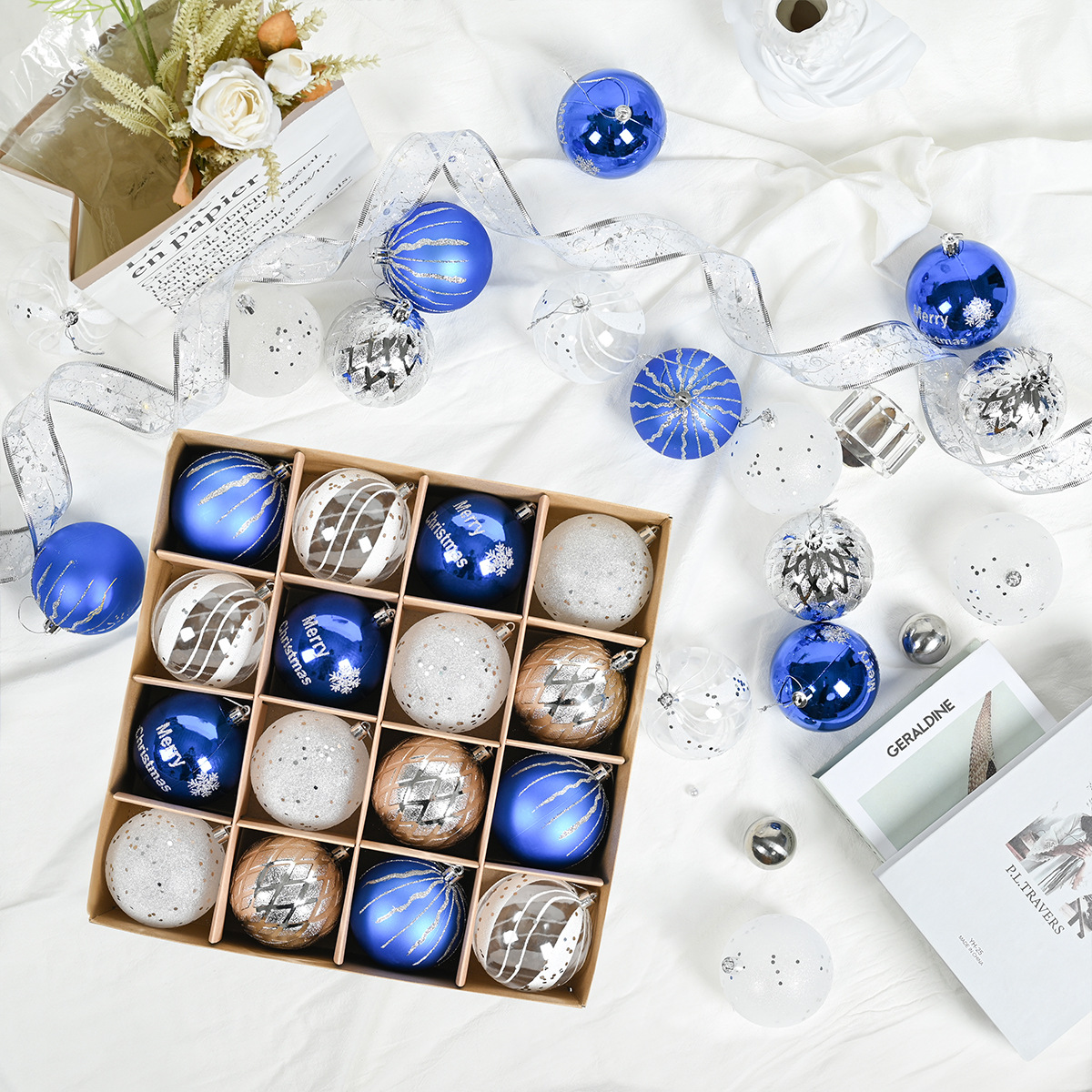 Christmas decorations 8cm electroplated hand-painted blue silver white plastic ball holiday party pendant ball Christmas ball