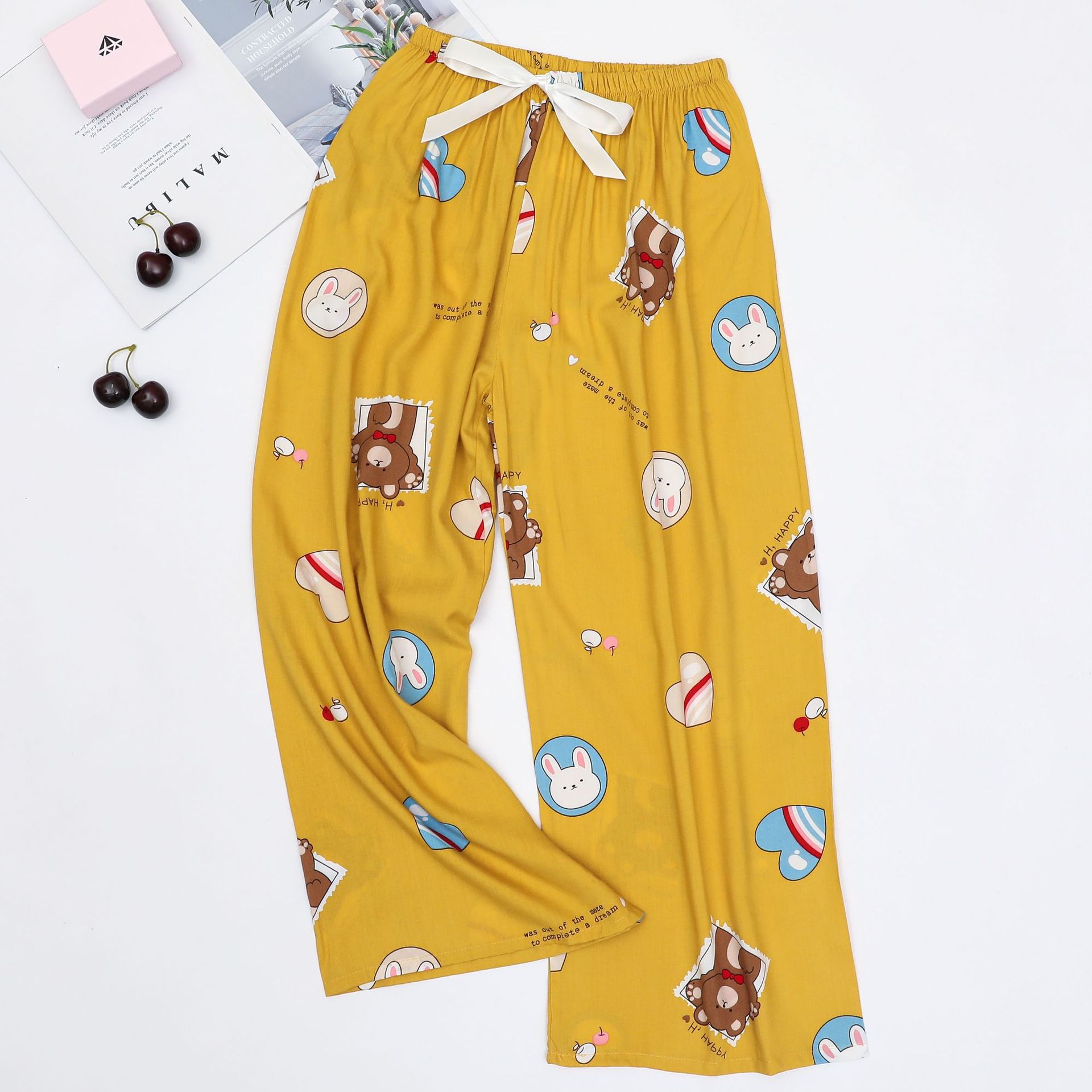 Picture of Cotton Silk Pajama Pants Women's Summer Thin Black and White Cartoon Style Wide Leg Pants Large Size Loose Outer Wearing Foreign Trade Beach Pants