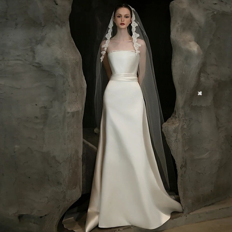 French Satin Outgoing Yarn 2022 Cross-border Hot Sexy Strapless High Waist Slimming Trailing Wedding Dress Bridesmaid Dress