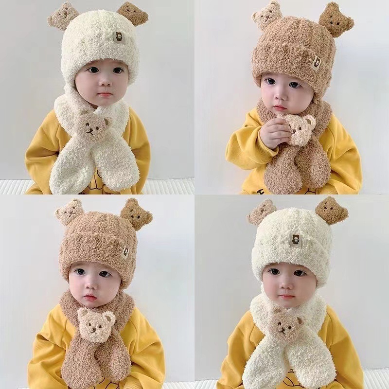 Double Bear Stuffed Baby Hat Autumn and Winter Baby Boy Scarf Two-Piece Set Children and Girls Warm and Cute Wool Hat