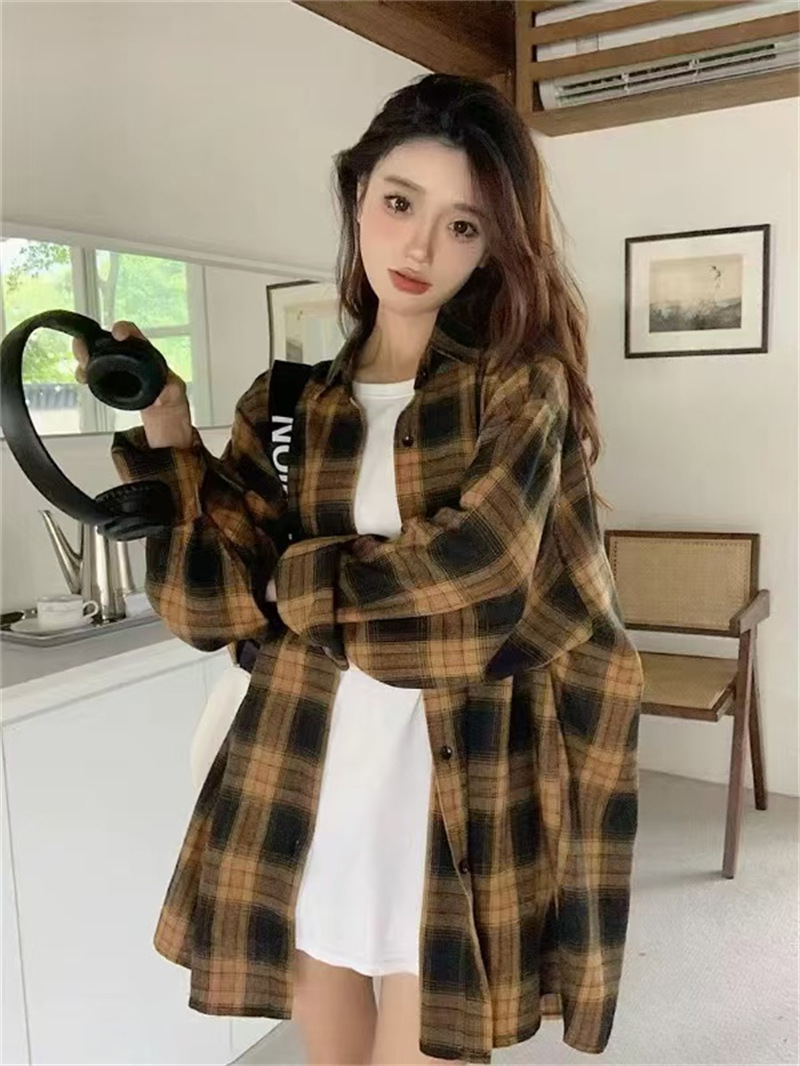 Foreign trade long sleeve shirt women's spring and autumn new loose plaid casual coat high street fashion all-match shirt wholesale