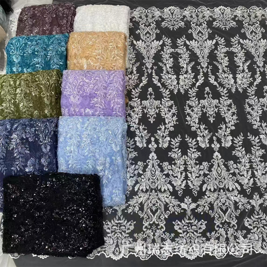Summer new European and American court style beads sequined wedding embroidered cloth dress dress catwalk show costume fabric