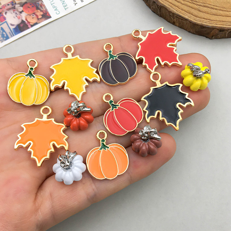 Picture of 1 new drop oil alloy colorful simulation maple pumpkin pendant pendant diy accessories