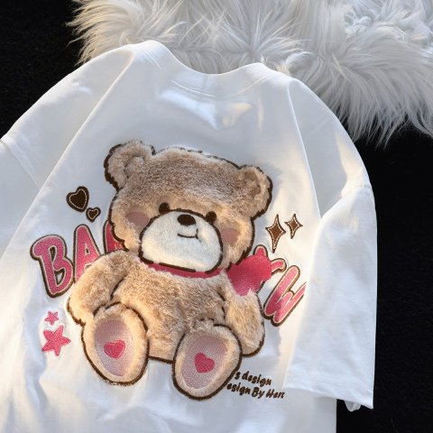 Flocking Bear Cotton Short-sleeved T-shirt Women's Loose Design Niche Cute American Style Retro Couple Top Summer