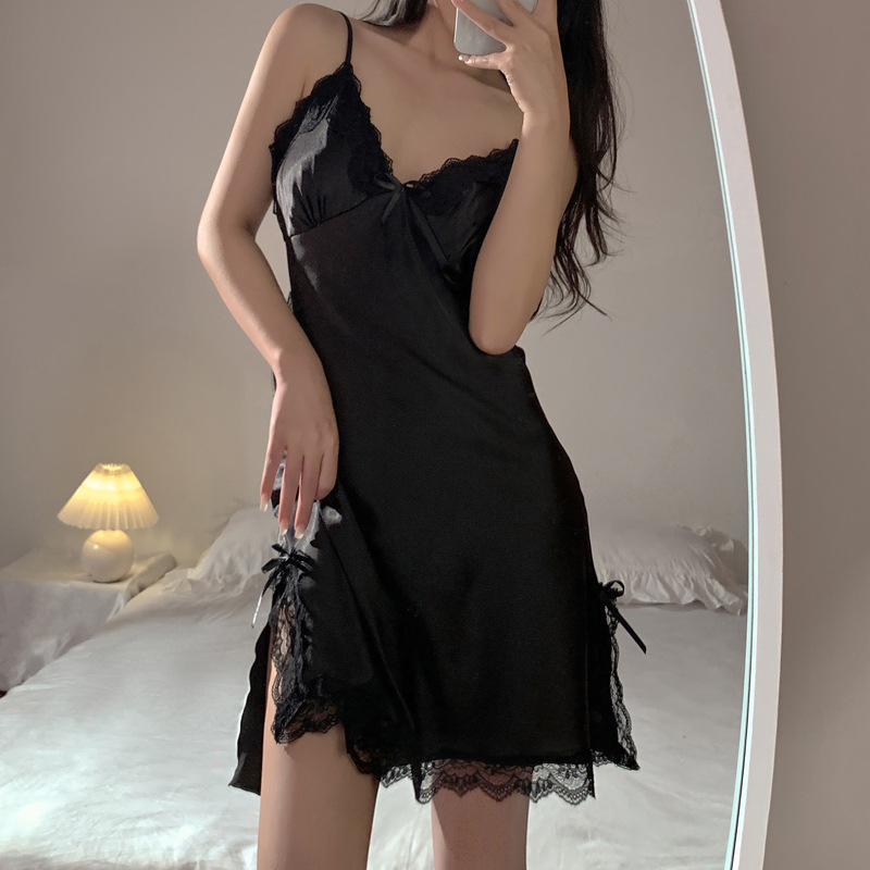 Picture of Pajamas Women's Summer Thin Sexy Sling Ice Silk Nightgown Pure Lace Lace Attraction Home Dress