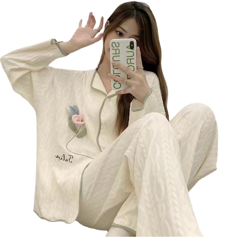 Pajamas for Women Spring and Autum Cardigan Long-Sleeved Pants Korean Cartoon Simple Plus Size Women's Sweet Home Wear Set