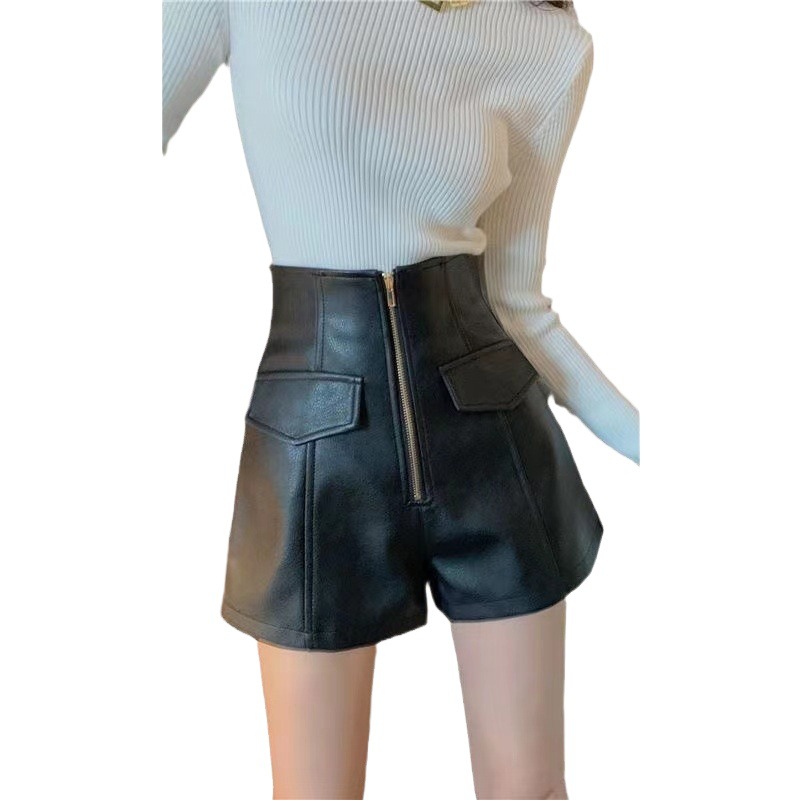PU leather shorts women's autumn and winter wear high waist slimming boots fashionable elegant all-match leather pants zipper A- line wide leg pants