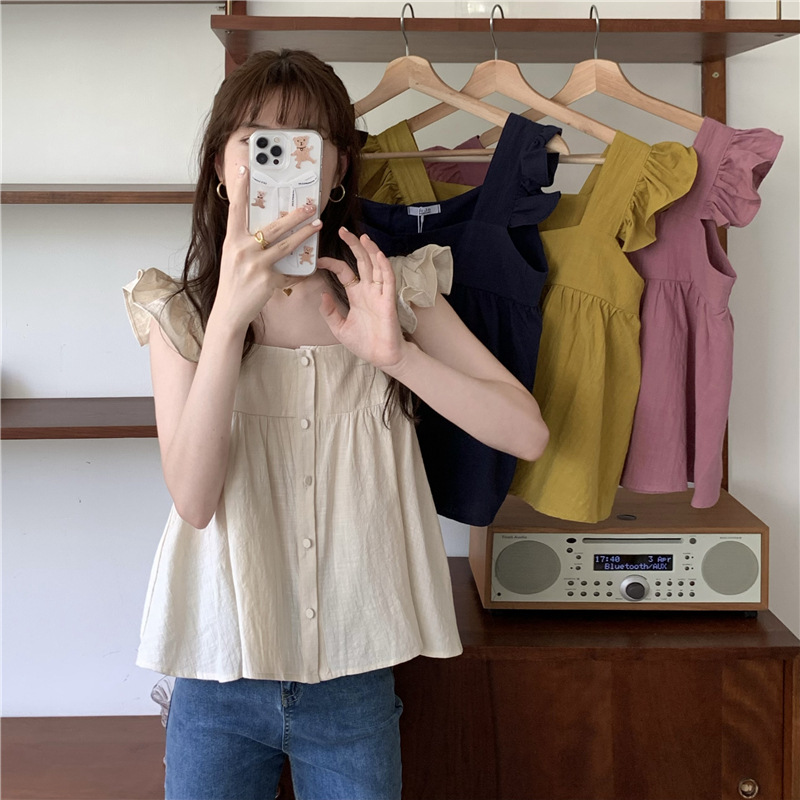 Short Sleeve new summer hot girl 2024 square collar short flying sleeve floral chiffon French Plaid navel shirt