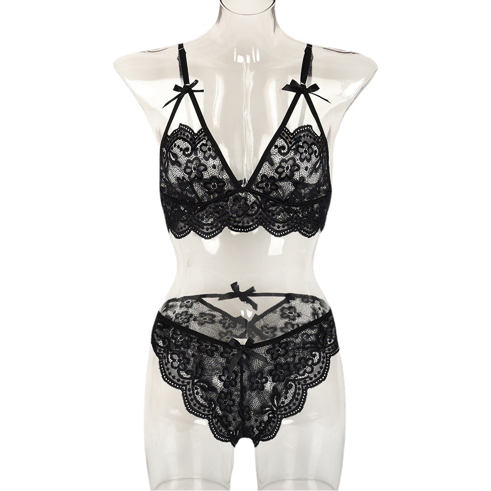 European and American sexy underwear 2 piece set new lace stitching with bow deep V jacquard sexy underwear set