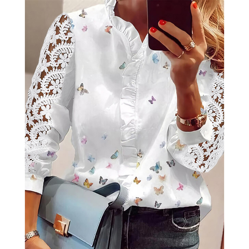 Cross-border Elegant Elegant Flower Yao Long-sleeved Lotus-leaf Collar regular Blouse
