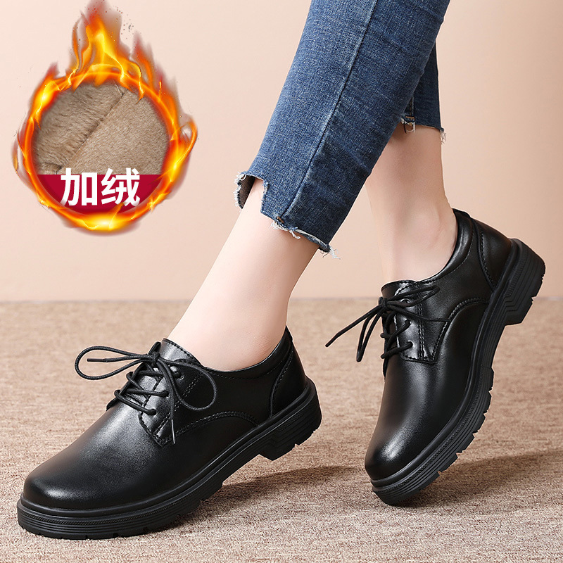 Genuine Leather British Style Small Leather Shoes for Women, Casual Lace-Up Women's Shoes, Flats Soft Sole Flats, Work Shoes, Black Fleece-Lined Winter