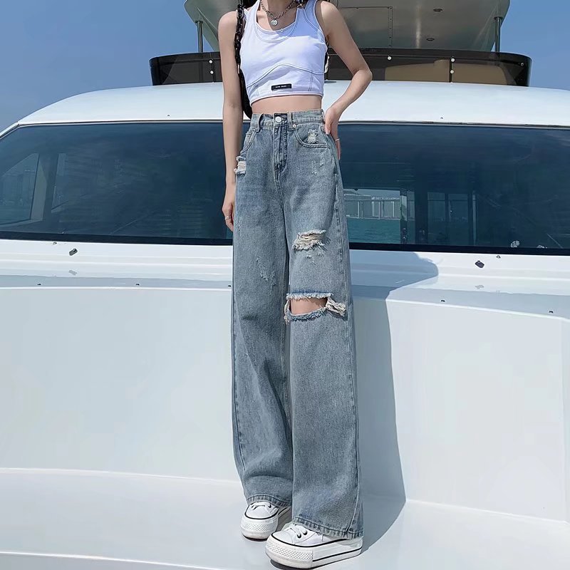 Picture of 2024 New High Waist Straight ripped jeans for women Summer thin loose draping wide leg mop pants for women